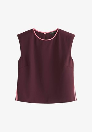 Top senza maniche di un profondo bordeaux con colletto rosa e accenti laterali. Texture liscia, design a scatola. Chiusura con bottone nella parte posteriore.