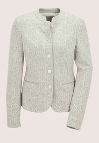 Helle graue, strukturierte Damenjacke mit rundem Kragen, fünf vorderen Knöpfen, langen Ärmeln und zwei vorderen Schlitztaschen.