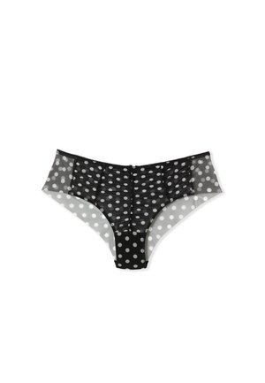 Lingerie en mesh à pois noirs et gris avec des côtés transparents, un tissu texturé et un panneau avant noir uni. Présente des détails froncés.