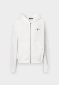 Bijela zip-up hoodie s rebrastom teksturom, kapuljačom s vezicom i bočnim džepovima. Sadrži mali crni logo "P" na lijevoj strani prsiju.