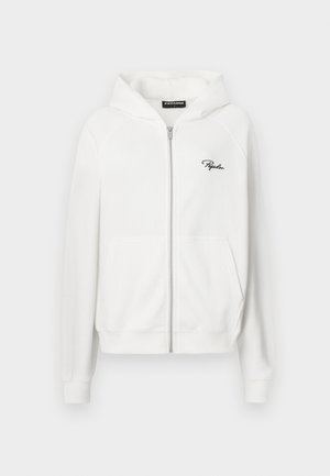White zip-up hoodie with ribbed texture, drawstring hood, and side pockets. Features small black "P" logo on the left chest.