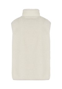 Gilet en polaire blanche avec un col haut, présentant une surface douce et texturée, sans fermetures visibles, conçu pour la chaleur et le confort.