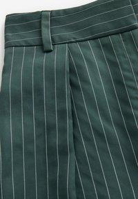 Groene geplooide broek met witte verticale strepen, met een fitted tailleband en een gladde textuur die de op maat gemaakte ontwerpelementen benadrukt.