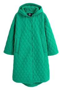 Manteau vert matelassé avec capuche, présentant un motif hexagonal, des poches latérales et un ourlet arrondi. Texture douce et fermeture à boutons-pression.