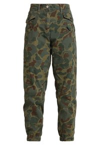 Camouflage cargo broeken in groene en bruine tinten, gemaakt van katoen, voorzien van zij- en achterzakken, elastische boorden en een smal toelopende pasvorm.