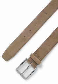 Tan suede belt with chrome buckle, flat shape, five adjustment holes, and smooth texture. The end is tapered for a clean finish.