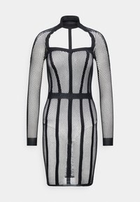 Zwarte mesh jurk met lange mouwen, voorzien van een hoge hals, gestructureerde panels en open brei ontwerp. Slanke pasvorm, knie-lange stijl.