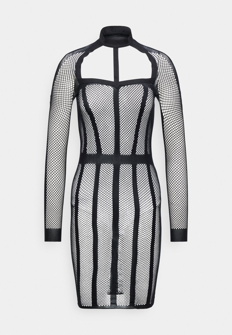 Zwarte mesh jurk met lange mouwen, voorzien van een hoge hals, gestructureerde panels en open brei ontwerp. Slanke pasvorm, knie-lange stijl.