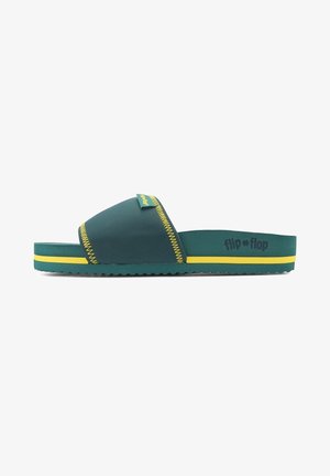 Green rubber slide sandal with yellow and green striped accent. Features a wide band across the foot and a textured sole for grip.
