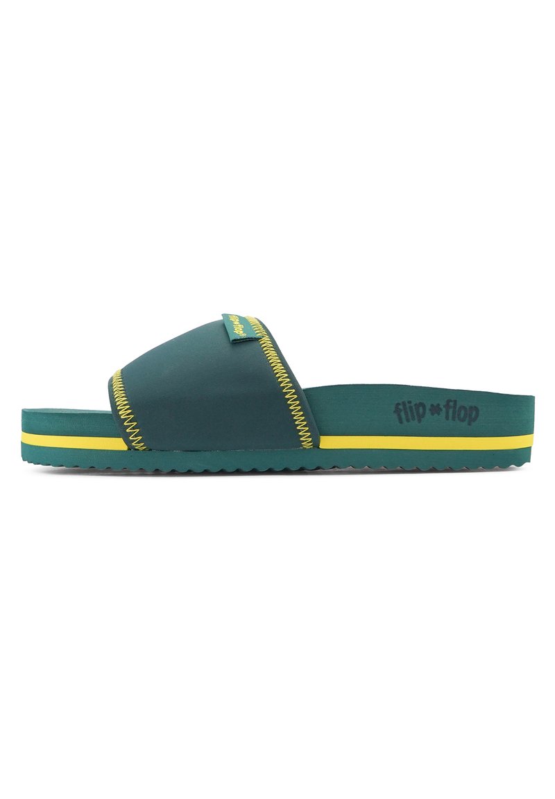 Green rubber slide sandal with yellow and green striped accent. Features a wide band across the foot and a textured sole for grip.