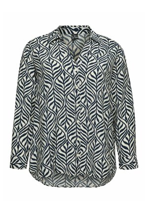 Chemise à manches longues boutonnée avec un motif abstrait de feuilles noir et blanc et un col pointu.