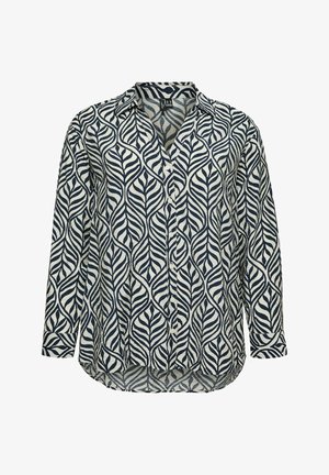 Chemise à manches longues boutonnée avec un motif abstrait de feuilles noir et blanc et un col pointu.