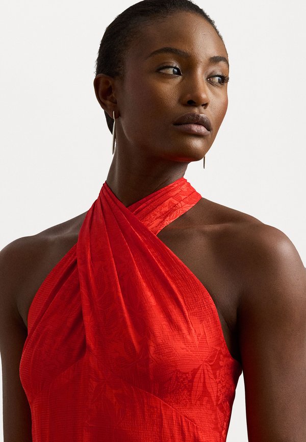 VAFARRA BELTED FLORAL JACQUARD HALTER GOWN - Occasion wear - bright vermilion4