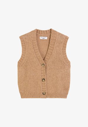 Beige knitted vest with a V-neck, sleeveless design, four buttons down the front, and ribbed texture along the edges.