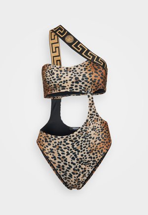 Costum de baie dintr-o singură piesă, cu imprimeu de leopard, featuring o bandă de accent neagră cu un design geometric auriu, cu laterale tăiate și o textură netedă.