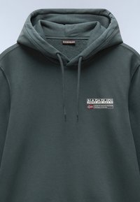 Hoodie van donkergroene stof met een gestructureerde binnenvoering, een logo patch aan de voorkant en verstelbare koordjes.