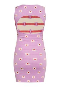 Rochie fără mâneci de culoare mov, cu modele florale; spatele are o decupare și un panou bej cu dungi roșii și mov. Material texturat.