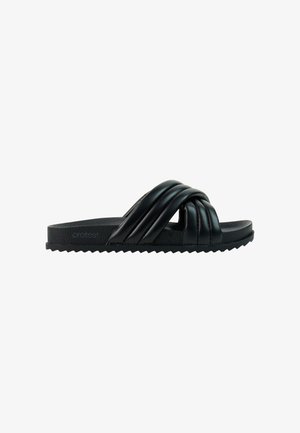 Black slide sandal with padded, crisscross straps and a textured sole designed for casual wear.