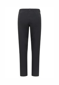 Zwarte, lichte broek met een elastische tailleband, taps toelopende pasvorm en subtiele stiksels op de achterkant en zijkant. Geschikt voor buitensportactiviteiten.