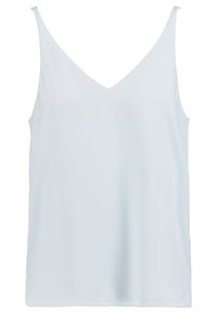 Top senza maniche di un blu chiaro con scollatura a V, realizzato in un tessuto morbido, caratterizzato da una vestibilità rilassata e sottili spalline.
