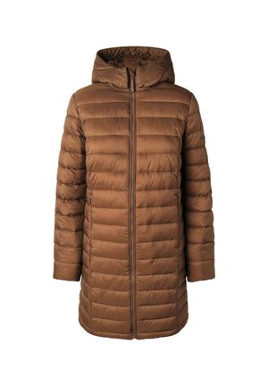 Braune Daunenjacke mit Kapuze, ausgestattet mit einem vertikalen Rautenmuster, Reißverschluss und langen Ärmeln. Hergestellt aus glattem, strukturiertem Stoff.