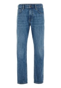Blauwe denim jeans met een rechte pasvorm, vijf zakken en een knoop- en ritsluiting. Klassieke vervaagde wassingen met stikseldetails.