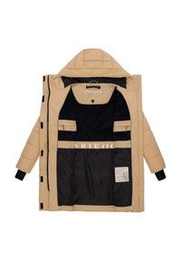 Beige gewatteerde jas met capuchon, zwarte binnenvoering, twee binnenzakken met rits en lange mouwen met zwarte manchetten, geopend om de interieurdetails te tonen.