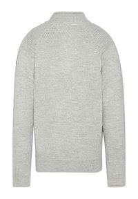 Hellgrauer Pullover mit hohem Kragen, glatter Textur, gerippten Bündchen und Saum, mit Raglanärmeln und einem subtilen Strickmuster.