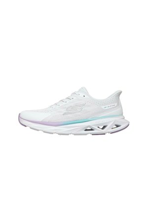 White athletic sneaker with vented mesh upper, pastel purple and blue sole accents, and a unique geometric open midsole design.