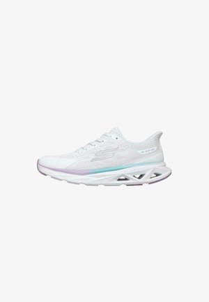 White athletic sneaker with vented mesh upper, pastel purple and blue sole accents, and a unique geometric open midsole design.