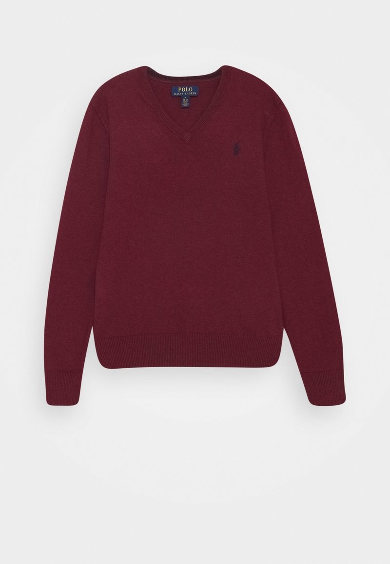Pull bordeaux à col en V et manches longues, poignets et ourlet côtelés, logo Polo Ralph Lauren sur la poitrine et étiquette de la marque à l'intérieur du col.