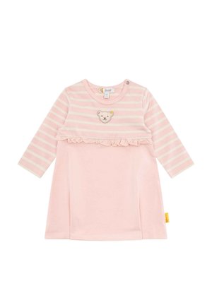 Robe rose pour bébé avec manches longues, partie supérieure rayée, détail à volants et visage d'ours brodé sur la poitrine.
