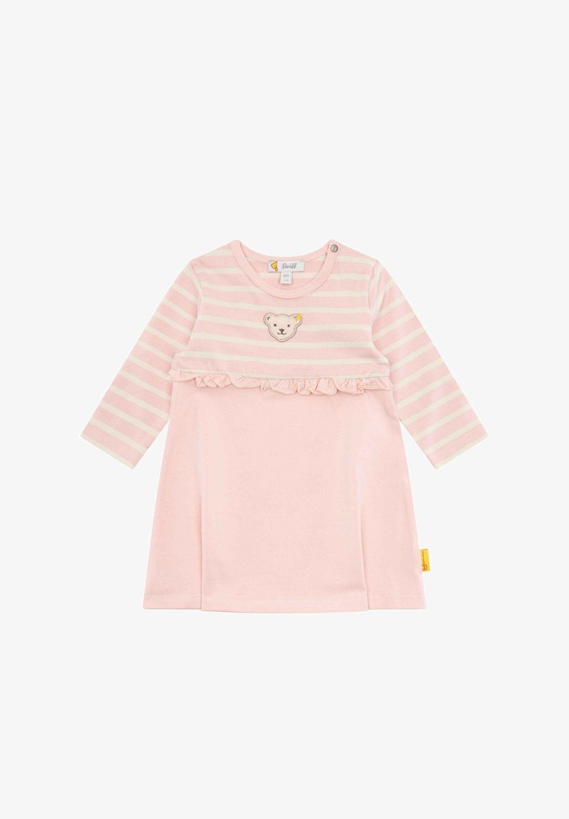 Robe rose pour bébé avec manches longues, partie supérieure rayée, détail à volants et visage d'ours brodé sur la poitrine.