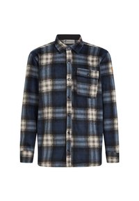 Geruite flanellen blouse in blauw, zwart en wit; heeft een knoopsluiting aan de voorkant, een kraag en een borstzak met knoopdetails.