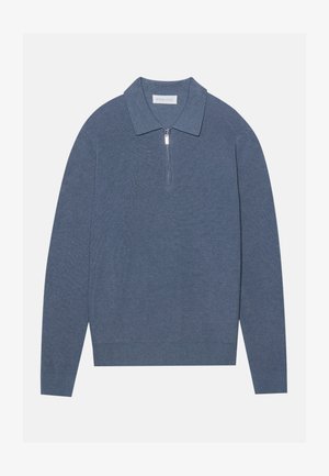 Sinine kootud sviiter ribakattega, kraega kaelus ja tõmblukuga esiosa. Pikad varrukad ja mugav sobivus ääres.