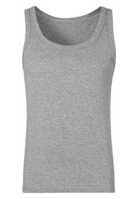 Gray tank top made of cotton blend fabric, featuring a round neckline and wide shoulder straps, with a smooth, soft texture.