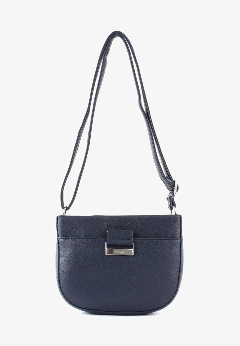 Borsa a tracolla in pelle blu navy con una texture liscia, forma arrotondata e chiusura in metallo argentato sul davanti, dotata di spallacci regolabili.