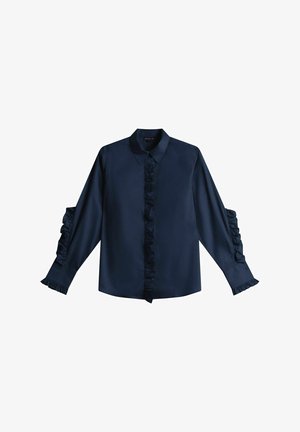 Marineblauw shirt met lange mouwen en ruches, kraag en een centrale strook met ruches aan de voorkant. Gladde textuur. Klassieke pasvorm.