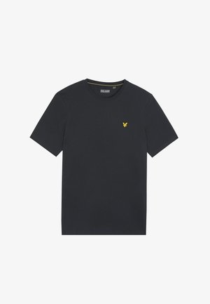 Schwarzes Baumwoll-T-Shirt mit Rundhalsausschnitt und kurzen Ärmeln. Auffälliges gelbes Adler-Logo auf der linken Brust gestickt.