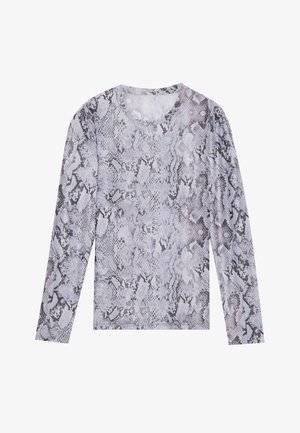 Camisola de manga longa feita de tecido leve, apresentando um padrão de estampa de cobra preta e cinza, com decote redondo e design justo.