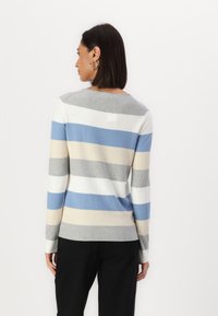 Stripet genser i grå, blå, beige og hvite farger. Myk strikket materiale med lange ermer og rund hals. Vist fra baksiden.