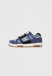 Blue and purple suede sneaker with black accents, white laces, and a rubber sole. Features DC logo on the side and perforated detailing.