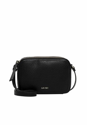 Musta teksturoitu nahkainen crossbody-laukku säädettävällä olkahihnalla ja pienellä kultaisella brändilogolla edessä keskellä.