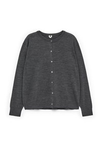 Dunkelgraue Strickjacke aus strukturiertem Stoff, mit Rundhalsausschnitt, langen Ärmeln und sechs Knöpfen auf der Vorderseite zum Verschließen.