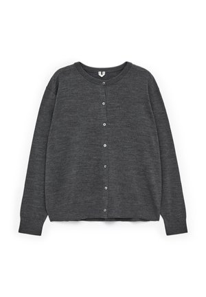 Dunkelgraue Strickjacke aus strukturiertem Stoff, mit Rundhalsausschnitt, langen Ärmeln und sechs Knöpfen auf der Vorderseite zum Verschließen.