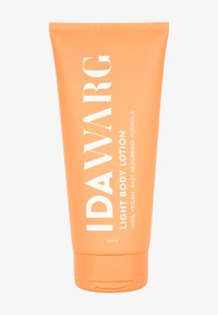 Orange tube av IDAWARG lätt kroppslotion med vit text. Innehåller 200 ml, märkt 100% vegansk, snabbt absorberande formula.