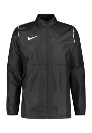Sort sportsjakke med fuld lynlås og høj krave, hvid Nike-logo på brystet, hvide piping på skuldrene og elastiske manchetter.