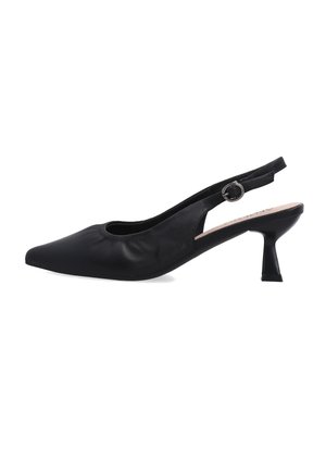 Zwarte lederen slingback-schoen met een puntige neus, kleine blokhak en verstelbare gespband.