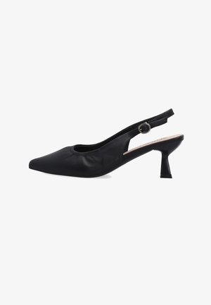 Chaussure à talon bride arrière en cuir noir avec bout pointu, petit talon carré, et bride réglable à boucle.