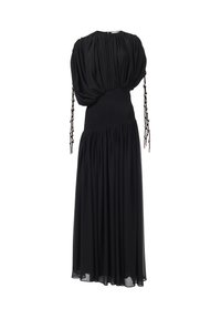 Schwarzes Kleid mit gerafftem Oberteil, langem, plissiertem Rock und Puffärmeln. Verfügt über einen elastischen Bund und kettenartige Akzente an den Ärmeln.